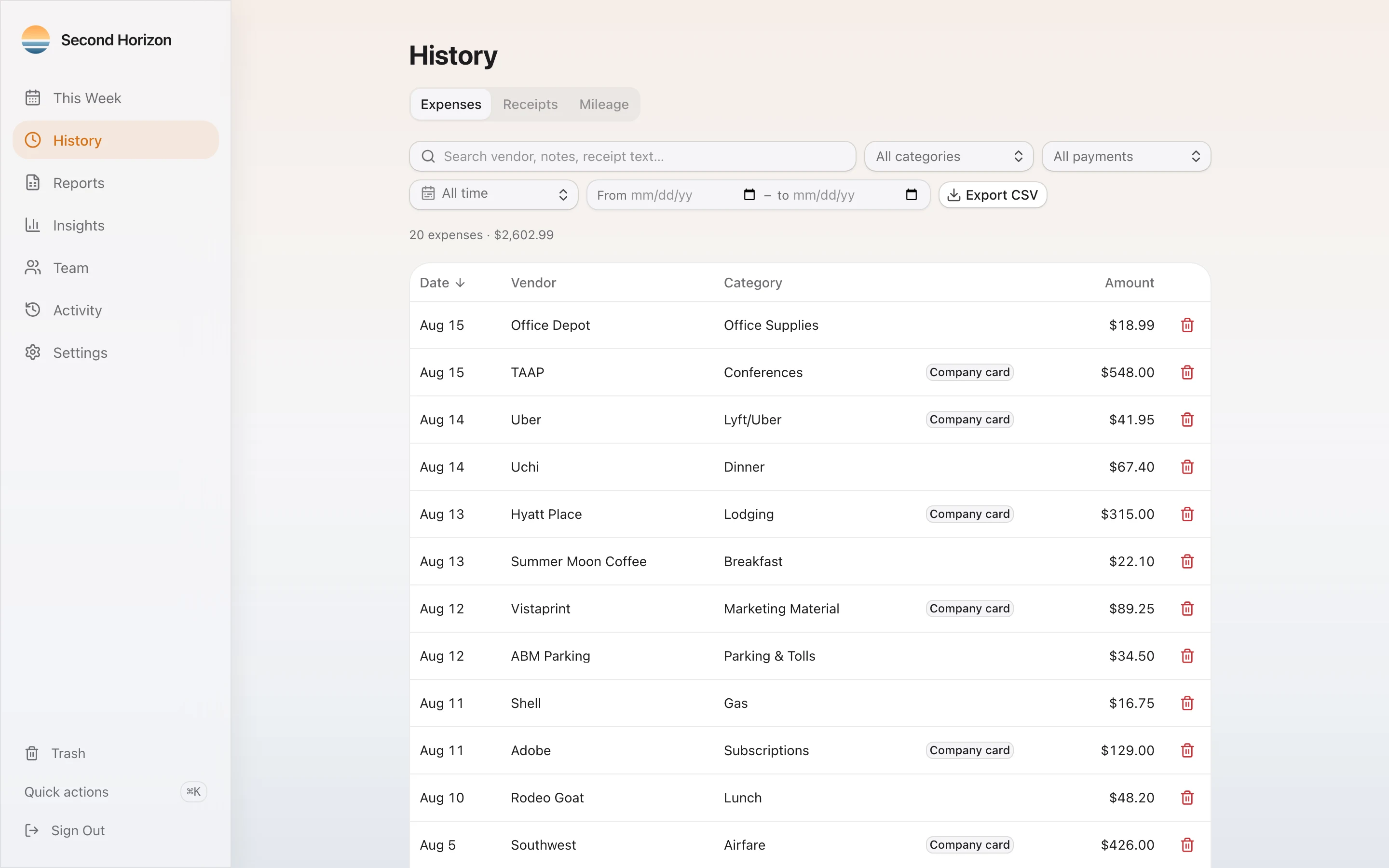 The History screen listing past expenses with filters and an Export CSV button