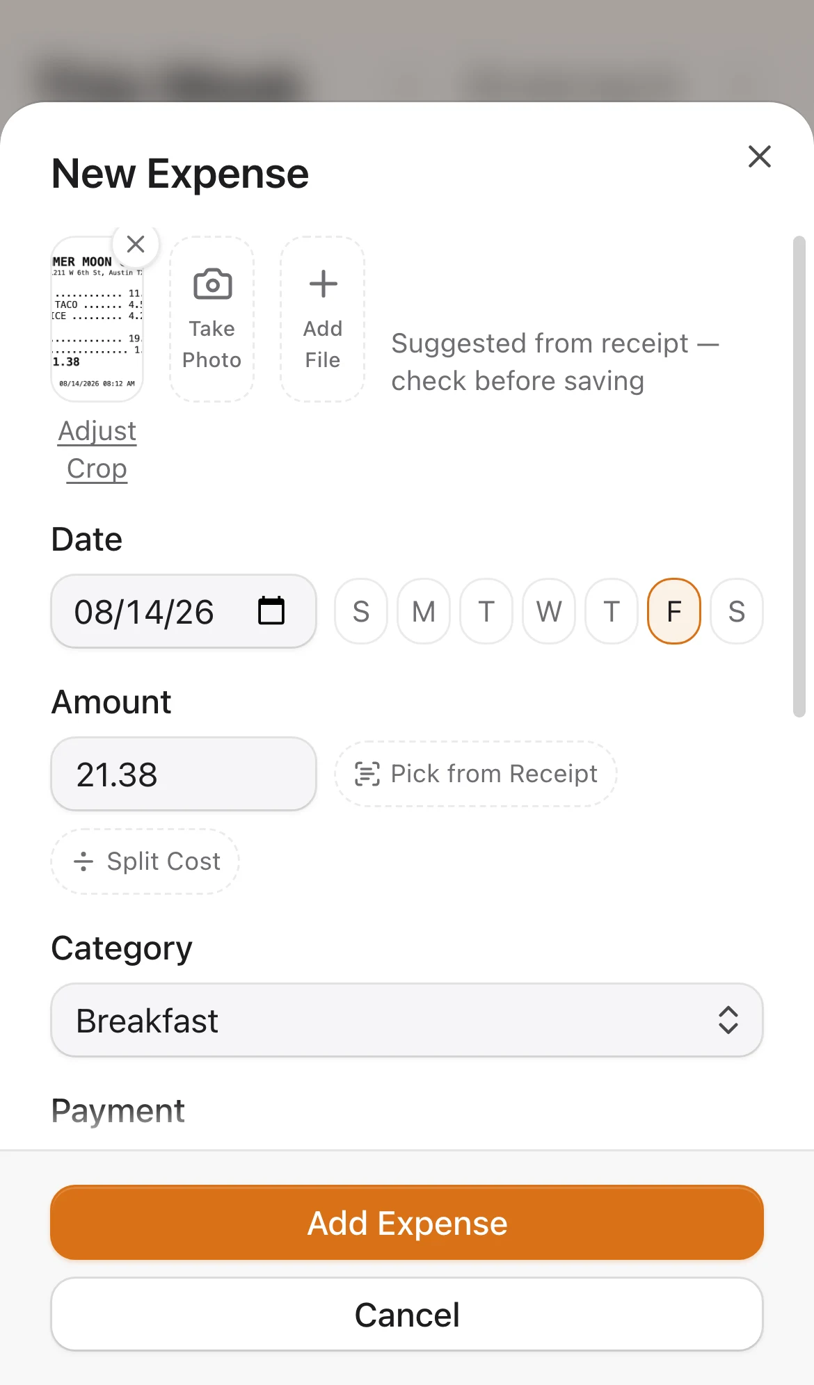 The New Expense dialog on a phone with a receipt attached and the date, amount and category filled in from it, plus Adjust Crop, Pick from receipt and Split Cost