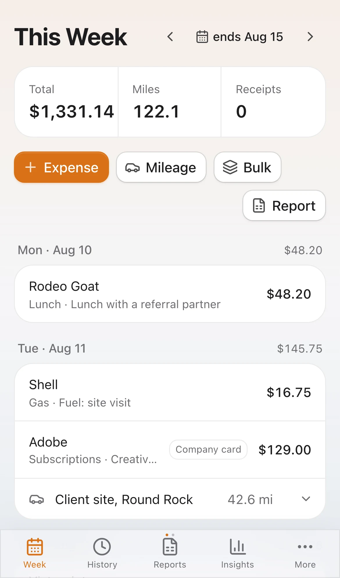 The This Week screen on a phone: total, miles and receipts, the Expense, Mileage, Bulk and Report buttons, and the week's expenses and a mileage trip grouped by day