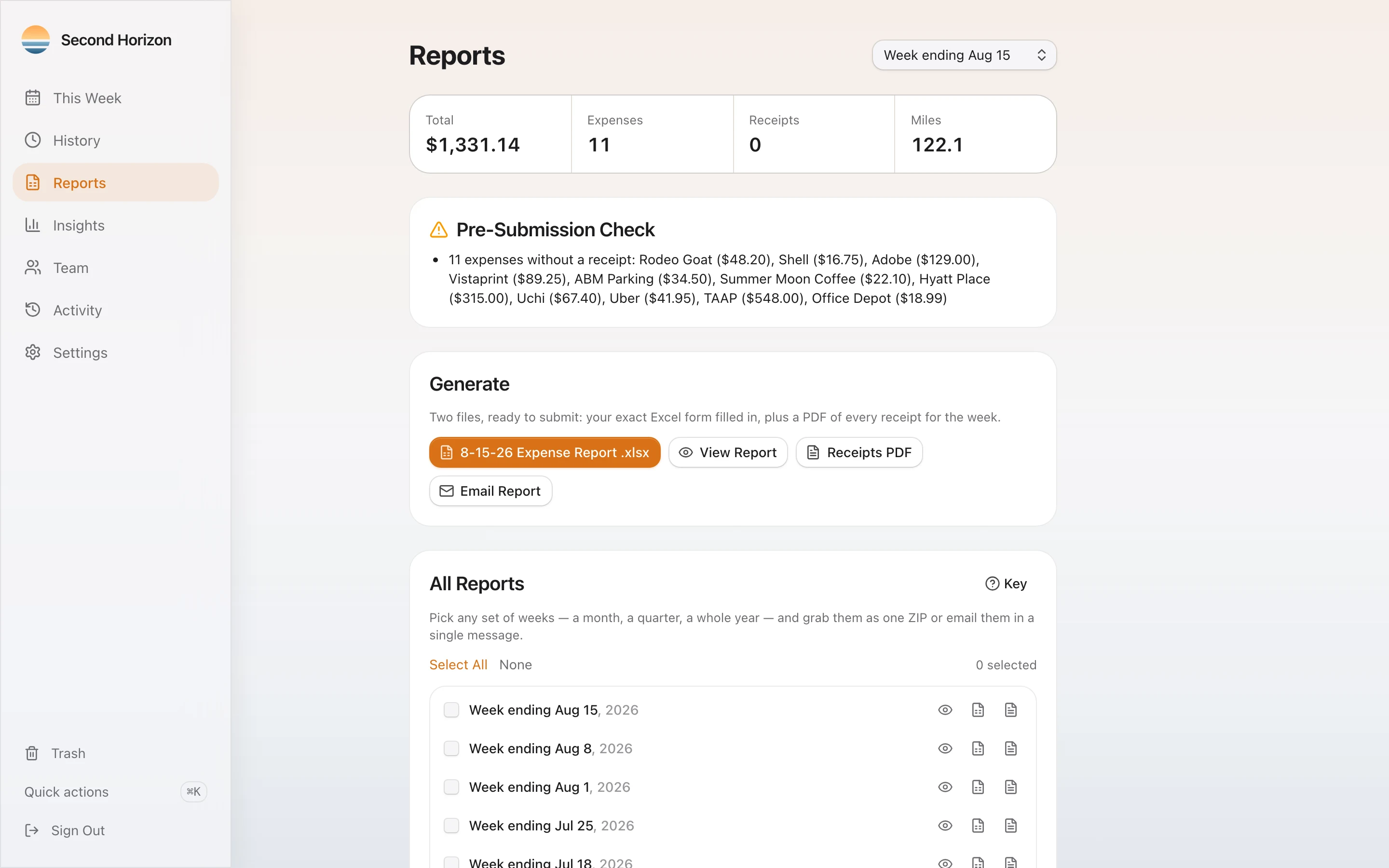 The Reports screen for a week: the pre-submission check, the Excel report, receipts PDF and email buttons, and the list of past weeks