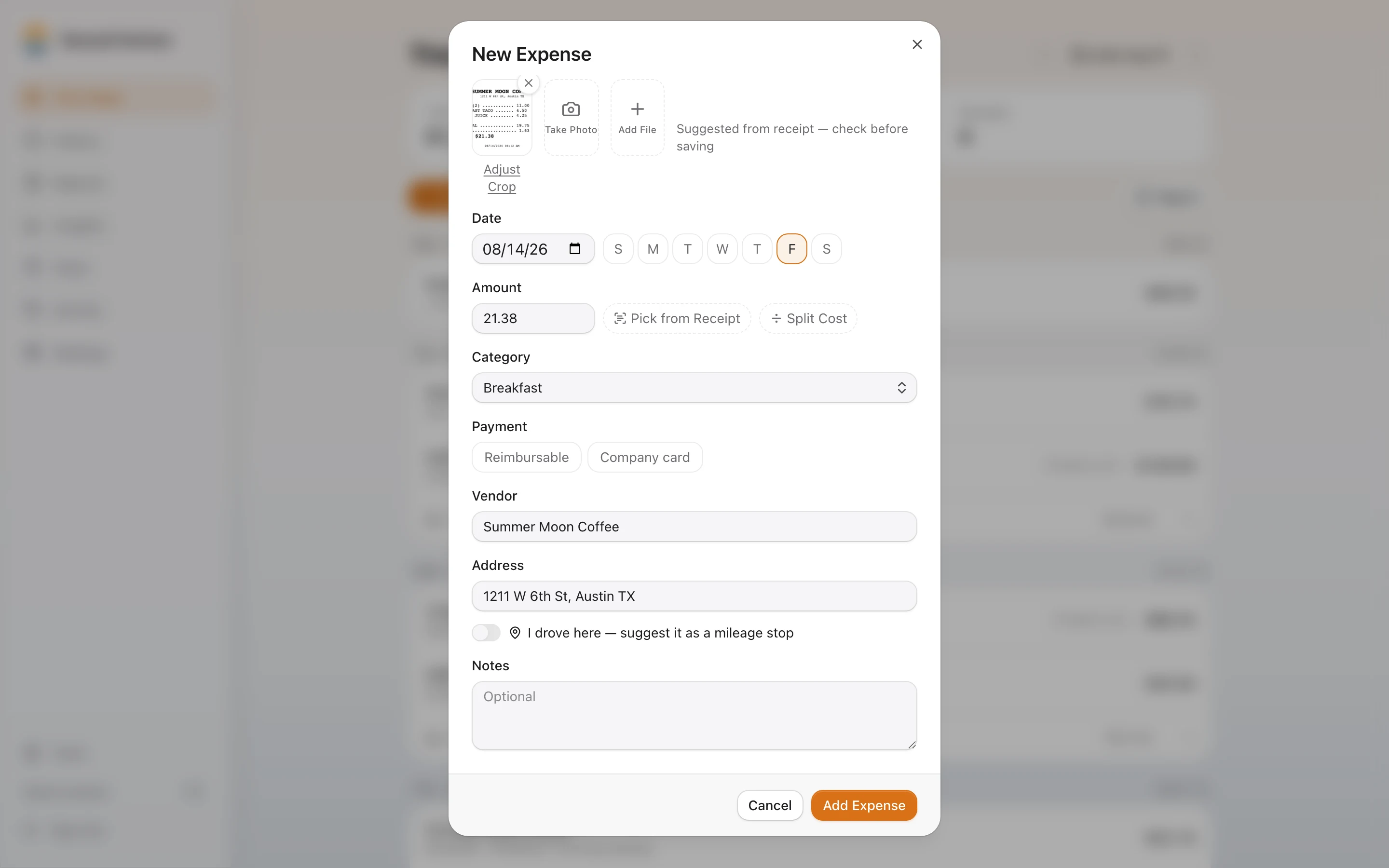 The New Expense dialog with a receipt photo attached and the date, amount, category, vendor and address filled in from the receipt