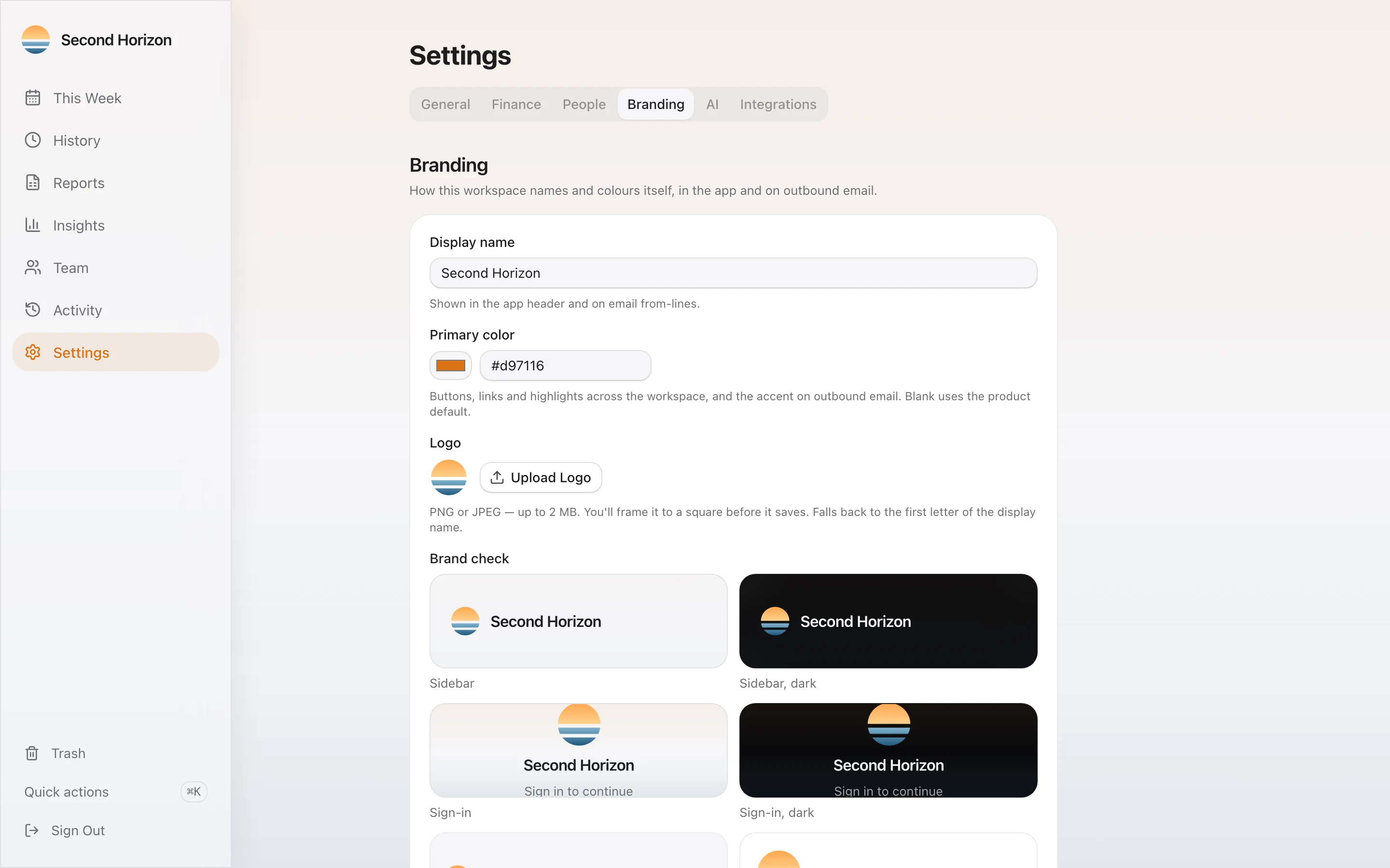 The Settings Branding tab: display name, primary colour, logo, and a brand check showing the sidebar and sign-in page in light and dark