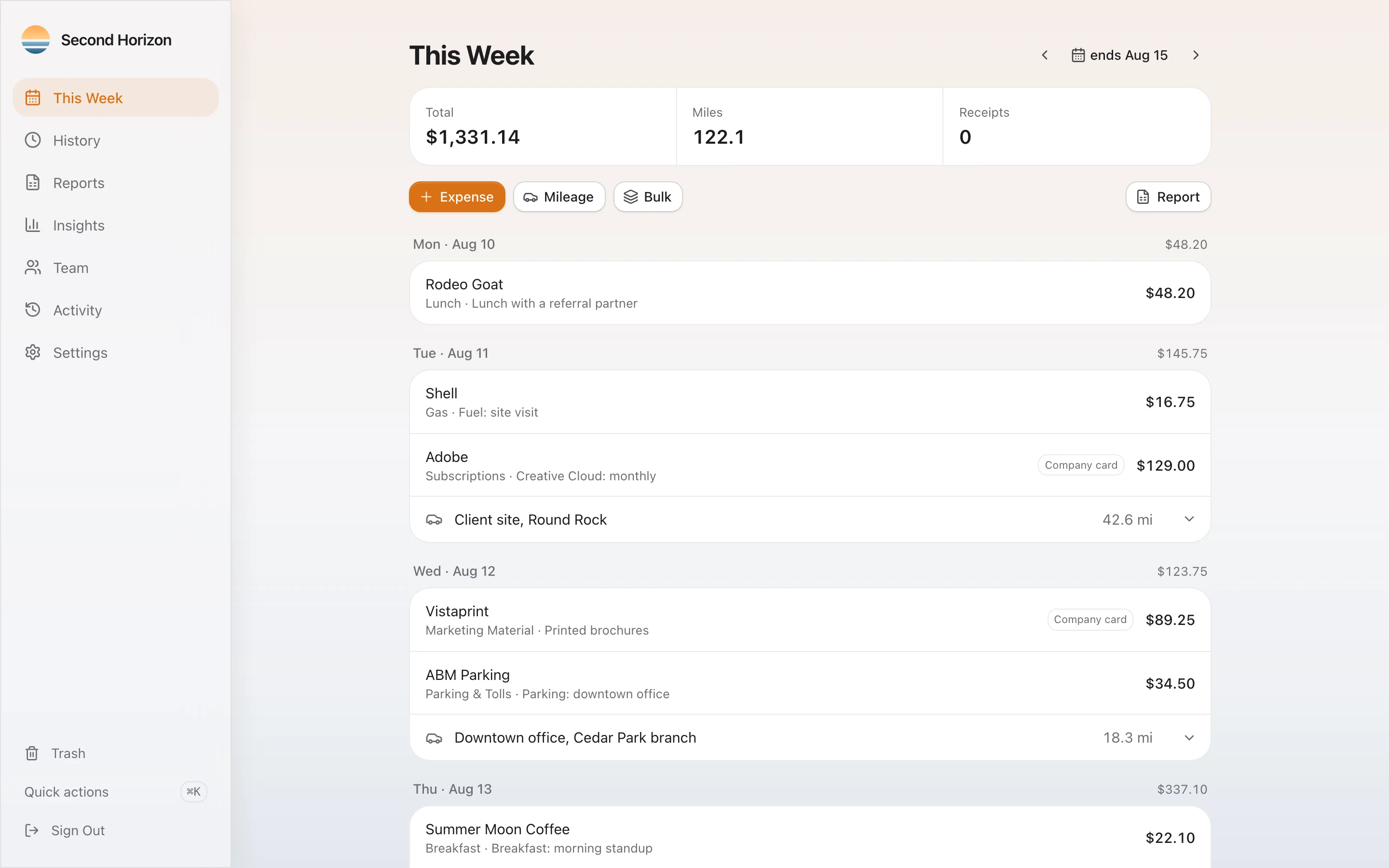 The This Week screen in Expense Horizon: the week total, miles and receipts up top, then expenses and mileage trips grouped by day
